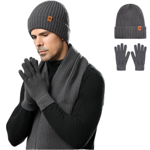 Ensemble bonnet épais avec revers large côtelé, cache-cou isolant, gants et écharpe en mélange de laine pour homme – Idéal hiver et plage - Product Image 1