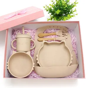 6Pcs Wooden Clouds Dinner Plate Silicone Baby Feeding Set Baby