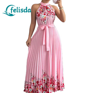 Abito Estivo da Donna Chic per Vacanze Moda Streetwear Vestito Lungo da Festa Abito da Vacanza Plissettato con Lacci Casual Maxi Dress - Product Image 1