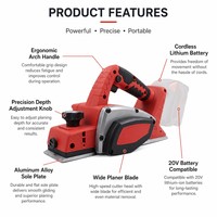 Raboteuse électrique sans fil 3-1/4'' avec moteur sans balais, batterie Li-ion 18V 21V, outil électrique pour le travail du bois et le bricolage