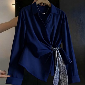 Chemise à manches longues bleu clair pour femme avec ceinture, chemisier en popeline uni, style bureau, vêtements printemps-été - Product Image 3