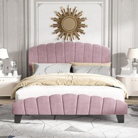 Cadre de lit en velours haut de gamme avec rangement réglable, tête de lit capitonnée à canaux verticaux et pied de lit festonné pour mobilier de chambre principale