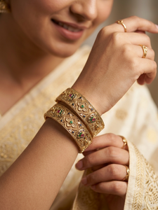 DIVYORO Classic-Inspired Antique Gold Hinged <b>Bangle</b> Floral Motifs Ethnic Bridal Jewelry Women Wedding Fest Orissa 90g 2/4 - Product Image 3