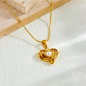 European American Style Gold Plated Heart Pearl Pendant Snake Chain Stainless Steel Necklace Everyday Wear - Product Image 2