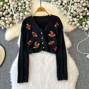 <span class=keywords><strong>Pull</strong></span> court en tricot pour <span class=keywords><strong>femme</strong></span> brodé de fleurs, tendance automne/hiver - Product Image 2