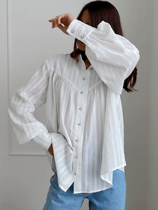 2025 Spring Summer Collection Pure Cotton French Shirt for Women Long Sleeve Simple <strong>Bubble</strong> Design <strong>Top</strong> for Europe - Product Image 3