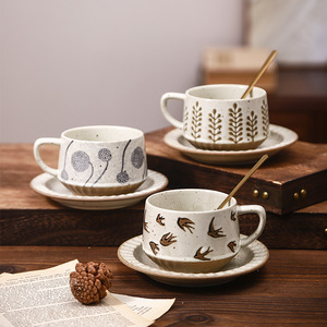 Juego de Tazas de Café Comerciales de Bambú, Taza Retro <span class=keywords><strong>para</strong></span> Latte, Taza Simple <span class=keywords><strong>para</strong></span> Té con Leche <span class=keywords><strong>y</strong></span> Flores, Platillo de Cerámica Japonés de 300 ml con Asa - Product Image 2