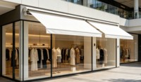 Store banne motorisé à bras articulé avec option de contrôle par application intelligente et boîtier cassette intégral de protection pour balcon d'appartement