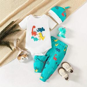 Bé Trai S Thời Trang Mùa Hè Cotton 3 Bộ Quần Áo Leo Núi Tay Ngắn In Hình Khủng Long Thoáng Khí Bộ Quần Mũ - Product Image 1
