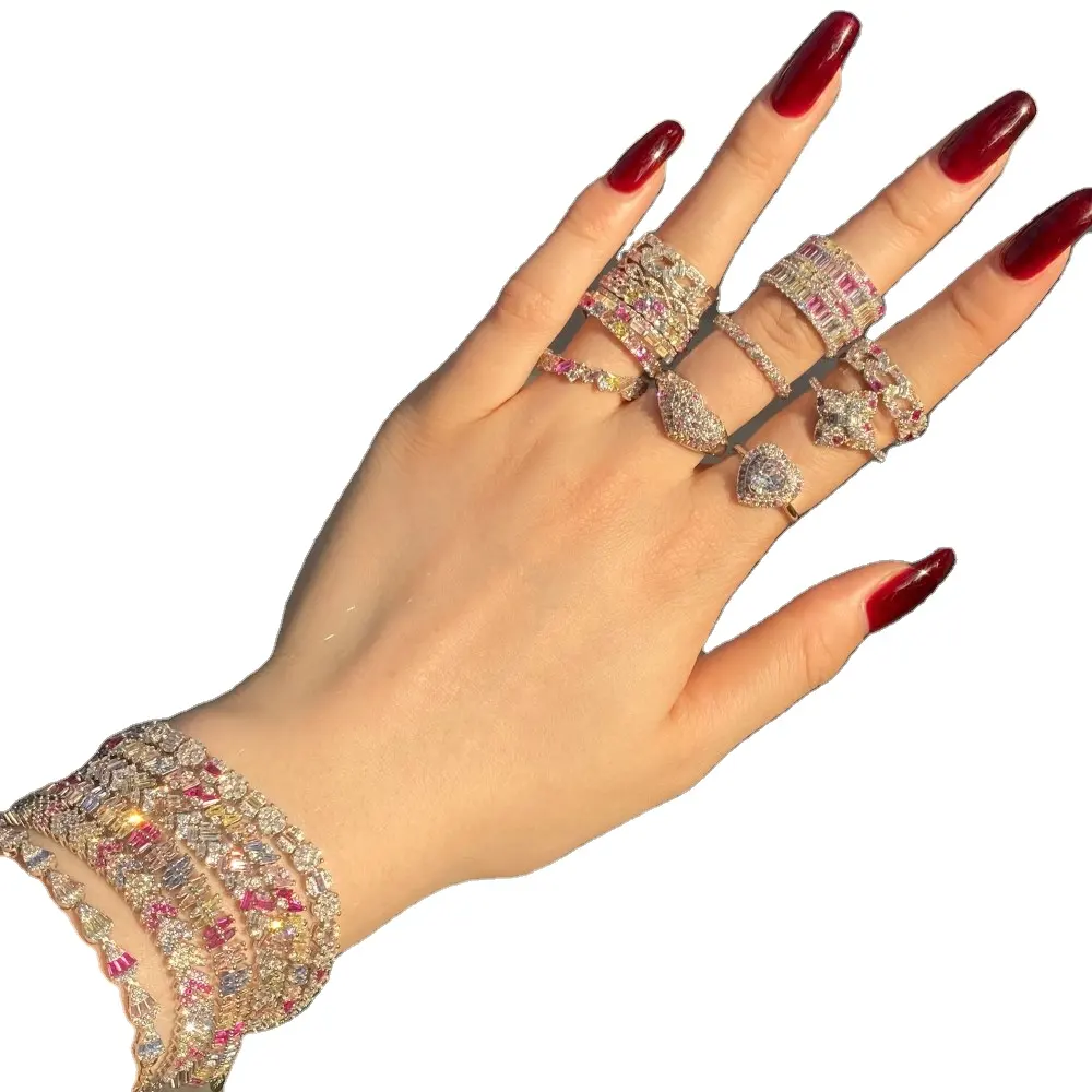 Kustom merah muda pelangi C z kubik zirkonia cincin susun untuk wanita joyia 925 perak murni perhiasan cincin anting perhiasan Set