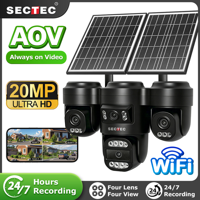 AI 20MP Four Lens Solar PTZ Camera 360° No Blind Spot Monitoring AOV 24/7 Recording WiFi/4G LTE Outdoor CCTV Camera