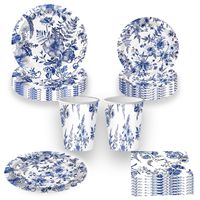 DAMAI – Nouveaux kits de vaisselle jetable modernes et écologiques bleu et blanc à motif floral, comprenant assiettes, gobelets et serviettes, pour mariages et anniversaires