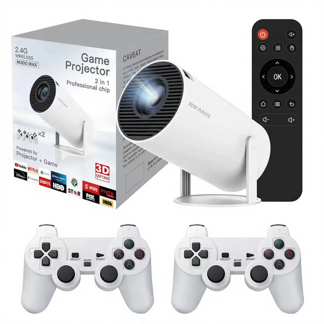 M300 Max 2-in-1 Video Game Console Wireless Game Controllers 4K 1080P Android11 2.4G LCD Projector 900 Lumens Short Throw