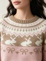Pull en tricot Fair Isle pour femme, motif lapin mignon et nœud jacquard, col rond, chaud pour l'hiver, vêtements en tricot pour femmes