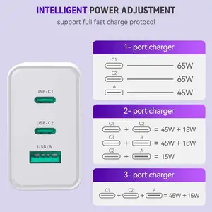 GaN pengisi daya 65W 3-port Tipe C adaptor daya untuk Macbook Matebook Laptop Ipad tablet Smartphone PD USB C pengisi daya Cepat