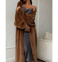 Cardigan décontracté pour femme en polyamide, coupe ample, col en V, longueur cheville, style lounge, en fausse fourrure de lapin, manches bouffantes douces