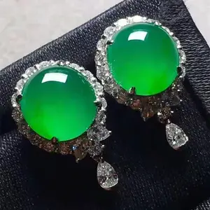 Perhiasan Batu Permata Giok Besar Transparan dengan Berlian Grosir 18K Emas 9.1X8.7X5Mm Anting Kancing Hijau Alami untuk Wanita