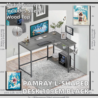 PAMRAY Bureau d'angle en forme de L de 109 cm avec étagères réversibles et bibliothèque, table de travail et de jeu en métal pour chambre à coucher, noir