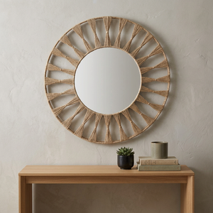 Hot Selling Jute Seagrass Round Bohemian Design Washable <b>Bathroom</b> Wall Hanging Mirror with Customizable Makeup <b>Vanity</b> Package - Product Image 3