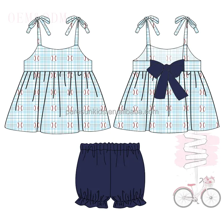Baseball girls summer dress baby shorts set boat applique cotton toddler girls clothing sets clothes kids boutique outfits