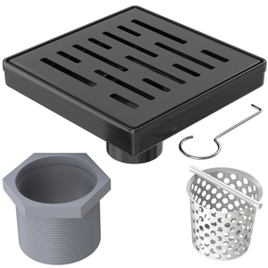 Desagüe de <span class=keywords><strong>ducha</strong></span> cuadrado moderno de 6 pulgadas, negro mate 304, con salida vertical, rejilla lineal extraíble y atrapapelos para baño - Product Image 1