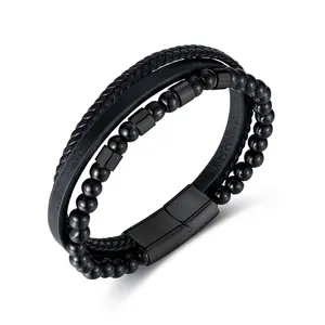 12 मिमी उच्च गुणवत्ता वाले फैशन सरल स्टेनलेस स्टील काले एगेट बेडेड मल्टी-लेयर ब्रेडेड चुंबकीय क्लैंप चमड़े के कंगन