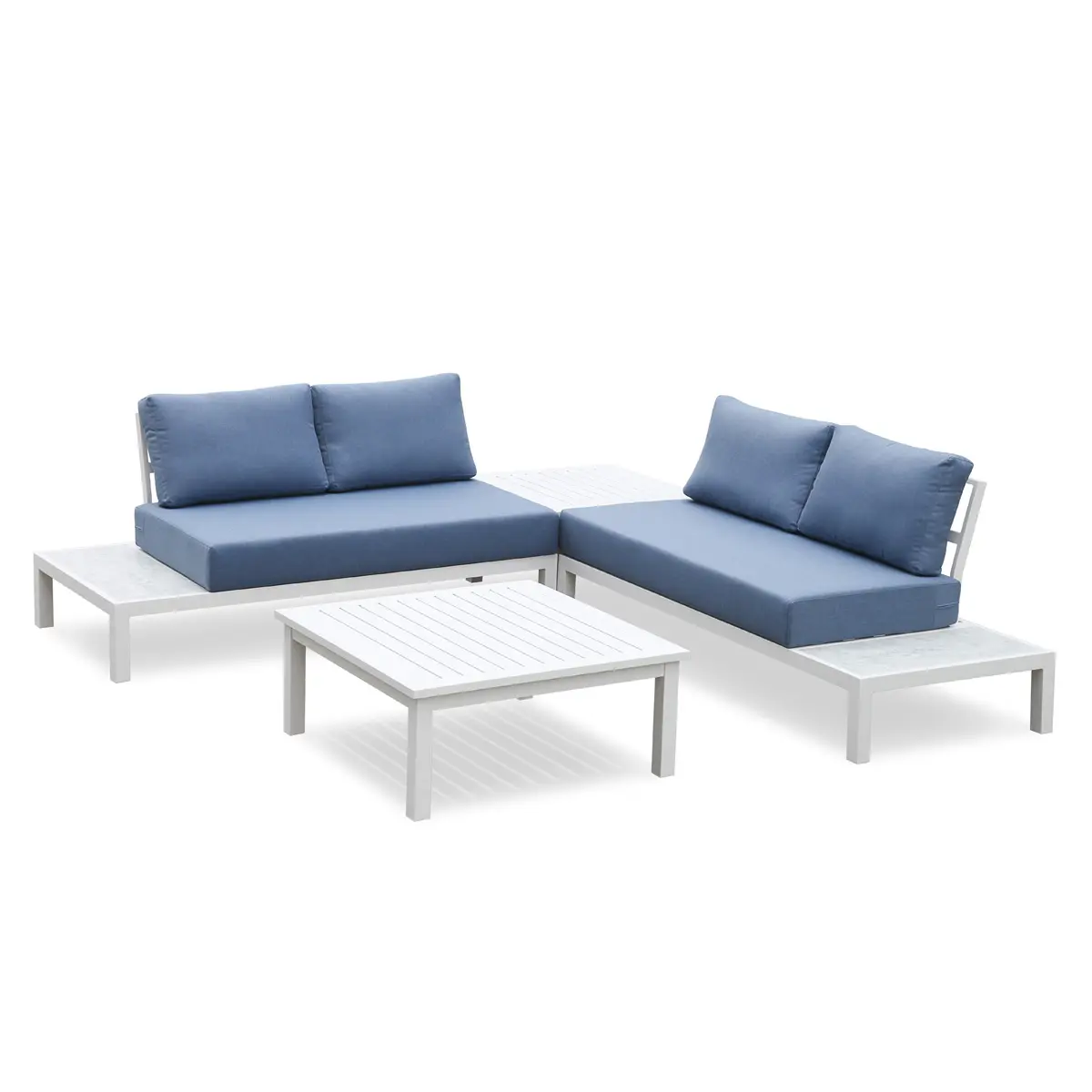 Conjunto de sofás de exterior seccionales modernos comerciales, tumbonas de plataforma de aluminio blanco, juego de muebles de jardín