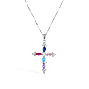 Collar con Colgante de Cruz de Plata de Ley 925 con Piedras Multicolores para Mujer, Regalo de Navidad, Joyería Religiosa Festiva - Product Image 1