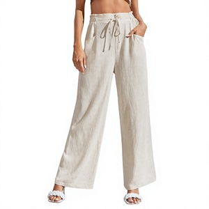 Women's Mid-Waist 100% <b>Linen</b> Eco-Friendly Ankle-Length Pants with Pleated Waist Wrap Summer Flat Front <b>Grey</b> Color - Product Image 2