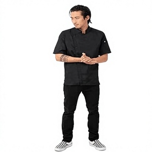 Veste de chef noire à manches courtes pour homme, fermeture à boutons, 100 % polyester, uniforme de restaurant et de bar, tissu tissé - Product Image 1