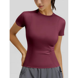 Camiseta de Yoga de Corte Regular para Mujer, Manga Corta, Negra, Ropa Deportiva de Alto Rendimiento, Spandex/Poliéster, Sin Costuras, Transpirable, de Secado Rápido - Product Image 3