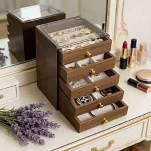 Caja Organizadora de Joyas <span class=keywords><strong>Grande</strong></span> a Prueba de Polvo, Diseño Vintage de Grano de Madera de 5 Niveles para Guardar Pulseras, Pendientes, Anillos y Collares - Product Image 2