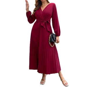 Europa Venta caliente de las mujeres de la nueva moda de manga larga con cuello en V vestido plisado elegante Casual Color sólido cinturón de encaje para el verano - Product Image 3