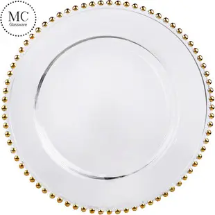 12.6 pouces clair mariage or plaques de verre en gros argent perlé chargeur assiettes ensemble de vaisselle pour la décoration de mariage