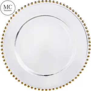 Piatti in vetro oro trasparente da 12.6 pollici per matrimoni all'ingrosso piatti per caricabatterie con perline d'argento set di stoviglie per la decorazione di nozze