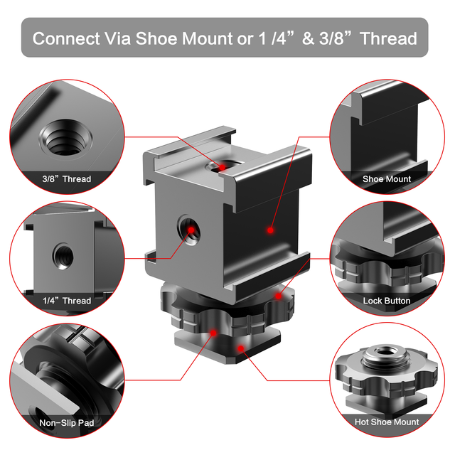 Aluminum Durable 1/4 3/8 Thread Converter Mount Camera Cold Shoe Adapter for Mic/LED Light/DSLR Mirrorless Vlog Camera Accessory