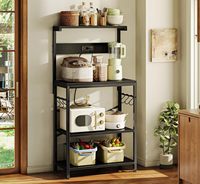 Étagère de cuisine en fer avec prise électrique, table de bar à café, support micro-ondes à 4 niveaux, 6 crochets en S, étagère de rangement durable et moderne