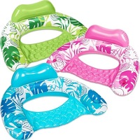 Lot de 3 chaises flottantes gonflables pour adultes avec porte-gobelets, imprimé feuilles tropicales, en PVC – Utilisation piscine/lac/rivière/plage (Bleu Vert)