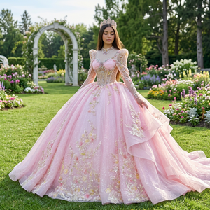 Vestido de Novia de Lujo Xs278 con Cuentas Florales Rosas, Vestido de Princesa con Brillo y Tul, con Cola, Jancember - Product Image 1