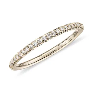 14K Yellow Gold Pave Real Diamond Dainty Rings Simple Half Eternity Wedding Band Ring