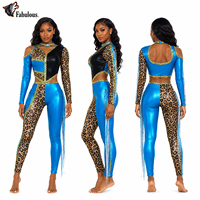 Justaucorps de danse noir Majorette imprimé léopard avec strass et franges, épaules dénudées, en spandex métallisé vert sarcelle, unitard personnalisable avec logo