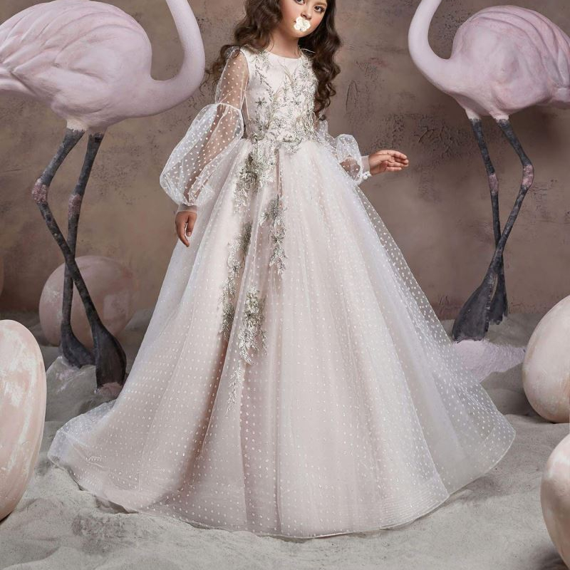 Детское роскошное свадебное платье, белое платье невесты, детское платье для ведущего пианино для выступления на день рождения, платье принцессы с цветами для девочек