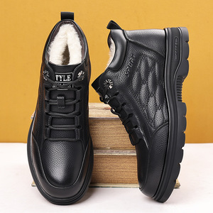 Bottes de neige en cuir doublées de polaire pour hommes, chaussures d'hiver noires à lacets, chaussures chaudes et décontractées pour randonnée en plein air, 63806 - Product Image 2