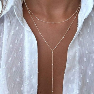 Collier en forme de Y plaqué or 14 carats pour femme, délicat collier long superposé avec perles en zircon cubique, tendance argenté - Product Image 3