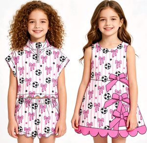 Custom Boutique Casual Cute Soccer Sister Big Bows Baby Girls T-Shirt Shorts Set Scallop Edge Dress Little Girls Shorts Outfits - Product Image 6
