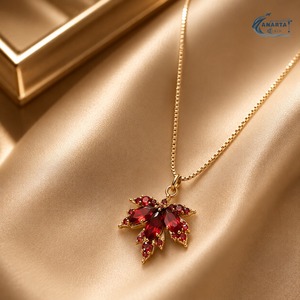 Elegant <b>Red</b> Zircon Plant Leaf Pendant Necklace for Women Copper Chain 18K Gold Plated Luxury Fashion Stylish Party Wear - Product Image 3