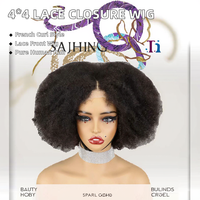 Perruque Lace Closure 4x4 pour Femme, Afro-Kinky Courte Bouclée 14 Pouces, Cheveux Noirs, Coupe Bob en V pour Pixie Cut, Cheveux Bruts Brésiliens 4C, Transparente