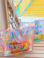 Sac de plage et de natation en PU Laser Jelly, grande capacité, étanche, transparent, portable, avec deux poignées, sac à bandoulière, motif lettres, ouverture supérieure