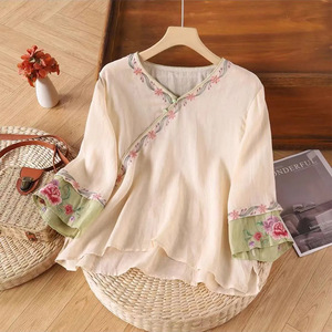 Women's Cotton Linen Blouse Asymmetric Embroidered Slanted Placket Breathable Loose Fit Summer Ethnic Style Short Sleeve - Product Image 1