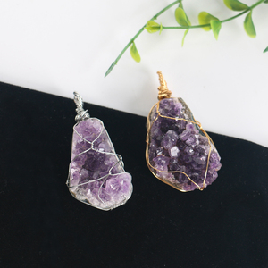 Healing Crystal Pendants Wholesale Golden and <b>Silver</b> <b>Wire</b> Wrapped Natural Rough Amethyst Cluster Pendant for Decoration - Product Image 2